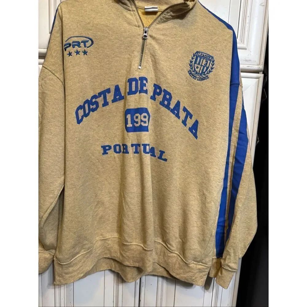 Urban Outfitters Men's Costa De Prata Knit Quarter Zip Sweater Tan Blue Small